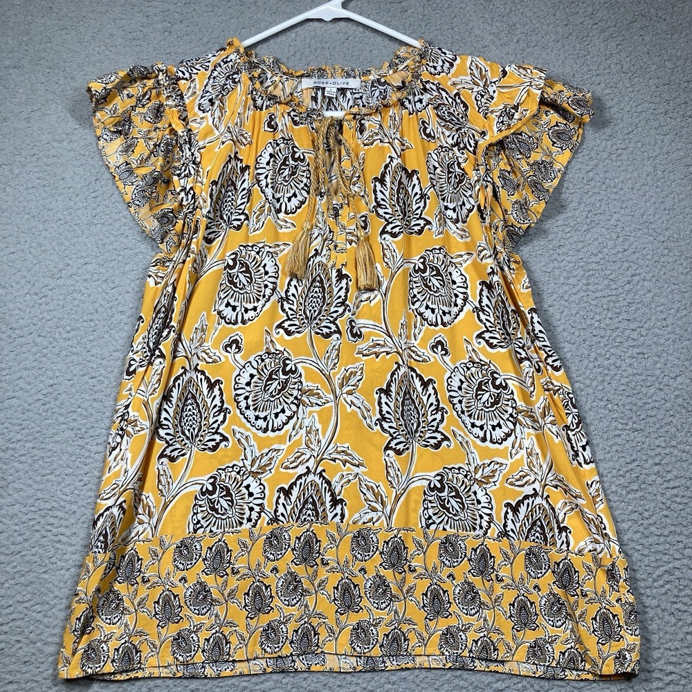 Rose & Olive Top Womens Large Yellow Floral Ruffle Sleeve V Neck Tassle Tie Boho
